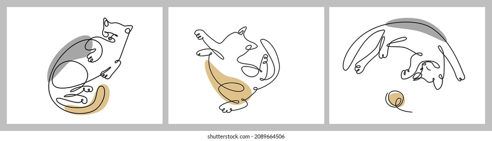 Cats  lying on its back in continuous line style. Modern cats  with abstract shapes, one line drawing. Set of trendy minimalist posters with resting, playing, relaxing Cats. Pet logo. Vector