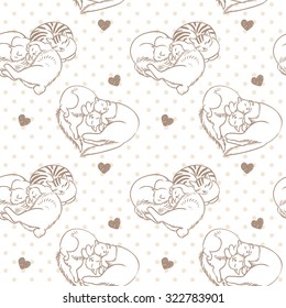 Cats lying in the shape of heart. Vector hand drawn seamless pattern