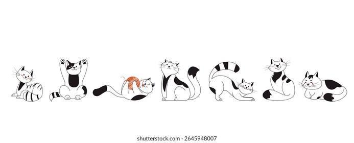 Gatos deitados, esticando, sentado, deitado, relaxando e jogando com bola de fio. Gatinhos lindos de raça pura em poses diferentes. Animais de estimação conjunto engraçado isolado no fundo horizontal branco