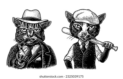 Cats mafia. Don with cigar, soldier holding baseball bit. Vintage black engraving illustration. Isolated on white background. Hand drawn design element for label and poster