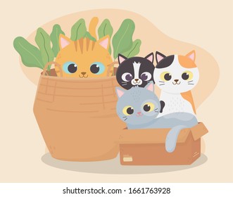 cats make me happy, cats in cardboard box and kitten in basket cartoon vector illustration