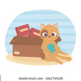 cats make me happy, cat playing ball of wool and box with food vector illustration