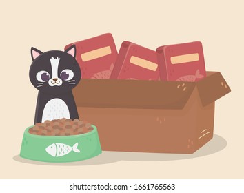 cats make me happy, cat with cardboard box filled food and bowl vector illustration
