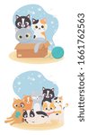 cats make me happy, cute cats in box with wool ball and different breeds vector illustration