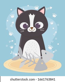 cats make me happy, cute black cat with fishbones cartoon vector illustration