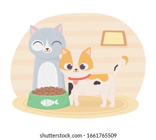 los gatos me hacen feliz, lindos gatos con la caricatura de comida intestinal ilustración vectorial