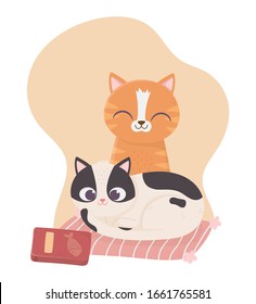 Katzen machen mich glücklich, süße Katzen in Kissen mit einer Vektorillustration von Esskartons