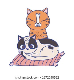 Cats make me happy, cute cats on cushion. Cartoon vector illustration