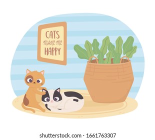 cats make me happy, frame with lettering and cats playing vector illustration