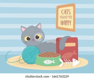 Cats Make Me Happy, Gray Cat With Food Wool Ball Fishbone Vector Illustration