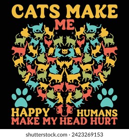 Los Gatos Me Hacen Feliz, Los Seres Humanos Me Duelen La Cabeza - Diseño De Cita De Gato Para Camiseta, Hoodie, Cartel, Fondo, Mug, Etc.