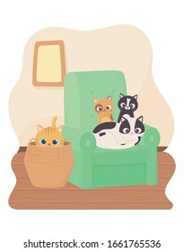 cats make me happy, kittens in sofa and cat in wicker basket vector illustration