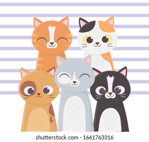cats make me happy, many cats different breed cartoon vector illustration