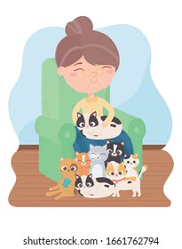 cats make me happy, old woman sitting with kittens in sofa vector illustration