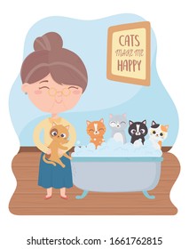 gatos me hacen feliz, anciana bañando gatos en bañera con burbujas jabón ilustración vectorial