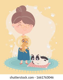 cats make me happy, old woman carrying cat and kitten in carpet vector illustration