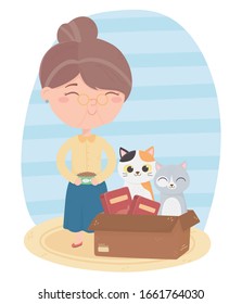 cats make me happy, old woman with bowl food and kittens in box cartoon vector illustration