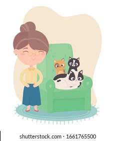 cats make me happy, old woman with kittens in sofa vector illustration