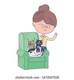 cats make me happy, old woman with cats playing ball of wool in sofa vector illustration