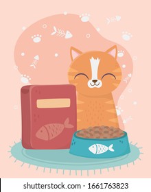 los gatos me hacen feliz, el gato del tabby con tazón y caja de la ilustración vectorial de la comida
