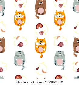 Cats are meat lovers. Dream of food. Seamless pattern.