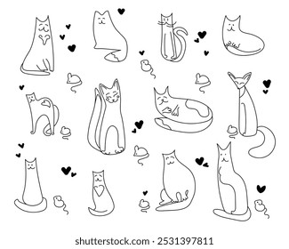 cats and mice doodle set. Collection of funny hand drawn various kinds of cute wild birds isolated on transparent background.Funny doodle cats sketch on a white background