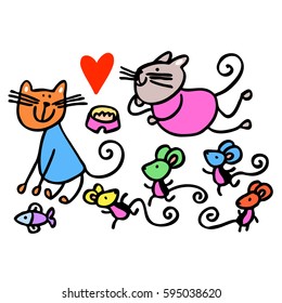 Cats and mice. Heart. Animals. Vector graphic art.