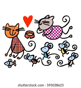 Cats and mice. Heart. Animals. Vector graphic art.