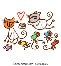Cats and mice. Heart. Animals. Vector graphic art.
