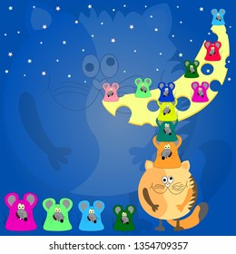 cats and mice on the moon. cartoon vector illustration.