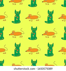 Cats and mice on a yellow background. Pattern for textiles, fabric, wrapping paper, Wallpaper, background