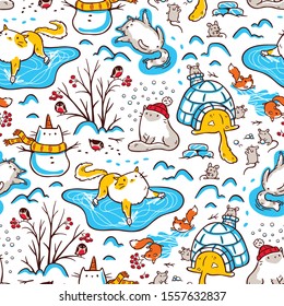 Cats, mice, squirrels and bullfinches doing winter activities. Cute and funny repeat pattern on white background, vector design for apparel, textile or wrappings.