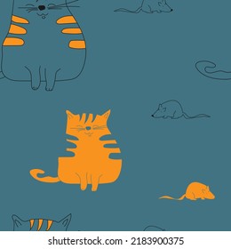 gatos y ratones.dibujado a mano.patrón sin costuras.ilustración vectorial. fondo oscuro.alta calidad