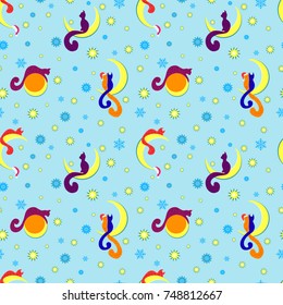 Cats, moon and stars in the sky, starry sky, snowflakes, seamless pattern, vector illustration