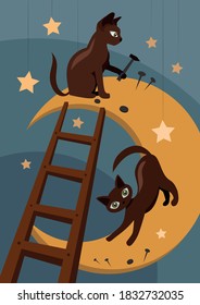 Cats and moon vector art