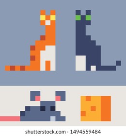 Cats, mouse and cheese, pixel art style, design for logo, sticker and mobile app. Сartoon flat style. Isolated vector illustration. 