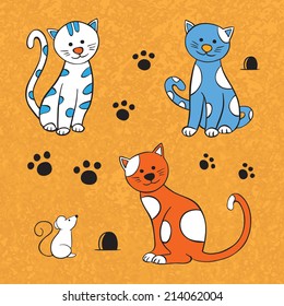 cats and mouse on orange background