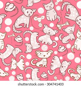 cats and mouses seamless doodle pattern. hand drawn colorful illustration