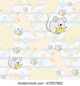 Cats and mouses Seamless pattern. Can be used for textile, website background, book cover, packaging. Kids vector illustration.Cute seamless background with funny cats and mouses.