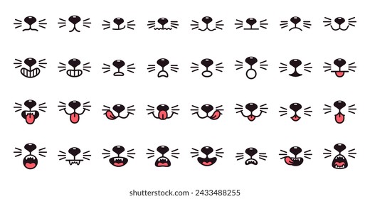 Cats mouth emotions. Cat happiness pet faces with hanging tongue nose moustache, animals kitten cute muzzle different mood expression happy or anger outline set vector illustration of cat mouth animal