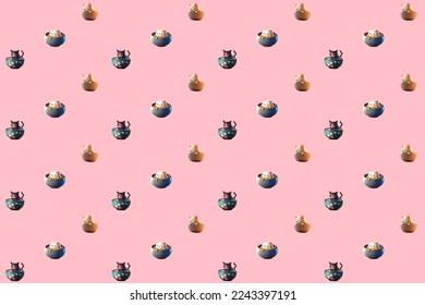 Cats in mugs seamless pattern. Cats kittens in cups background wallpaper. Vector print for children