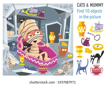 Cats and Mummy. Find 10 objects in the picture. Vector illustrations, full color. 