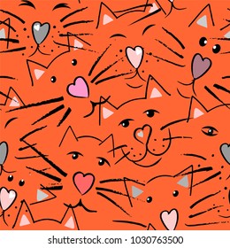 Cat's mustache and nose in the shape of the heart, eyes and ears in pink, gray, purple and black colors the seamless pattern on orange background.
