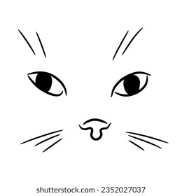 Cats muzzle, eyes, nose, mustache from contour black brush lines different thickness on white background
