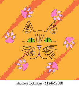 Cat's muzzle and paws. Vector illustration of a bright children's background with a cartoon cat. Hand drawn funny cat and paws.
