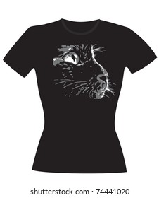 The cat's muzzle from two colors - grey and white on a black background on a T-short