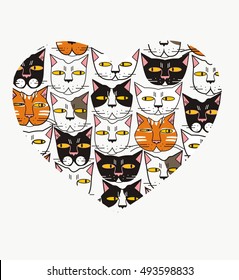 Cats muzzles in heart thin white, gray, red, pink, yellow, black the drawing with a white background.
