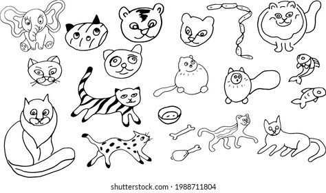 Cats muzzles offset set vector doodle illustration. Print textile wallpaper background coloring children's picture decoration cartoon hand drawn 