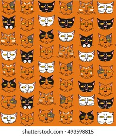 Cats muzzles in white, gray, red, pink, yellow, black a seamless pattern on an orange background.