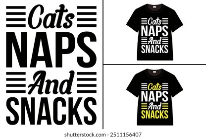 Diseño de camiseta de siestas y bocadillos de gatos, diseño de camiseta de tipografía de gato, diseño de camiseta de día de gato